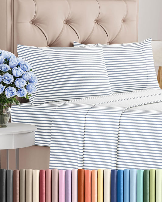 Striped Bed Sheets - Pin Striped Sheets - Blue and White Sheets - White and Blue Striped Sheets - Cal King Striped Sheets - Hotel Luxury Bed Sheets - Deep Pockets - Breathable & Cooling Sheets